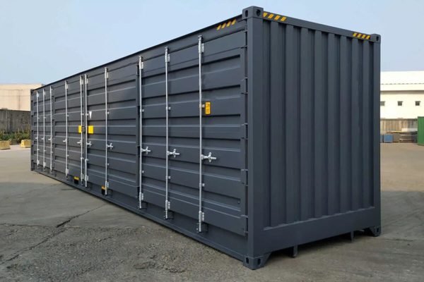 40ft-high-cube-open-side-shipping-container-new-grey-corner-back-1200x800 40 Fuß Neu High-Cube Seitentür-Container